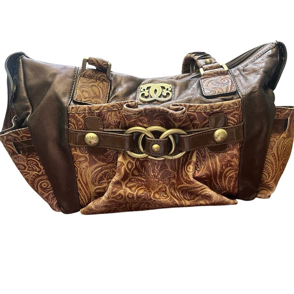 Vintage Sharif Metallic Bronze Tooled Leather Shoulder Bag Western Boho Purse